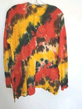 Vintage Geeta Tie Dye Henley Shirt Rasta Colors Boho Hippie Festival One Size